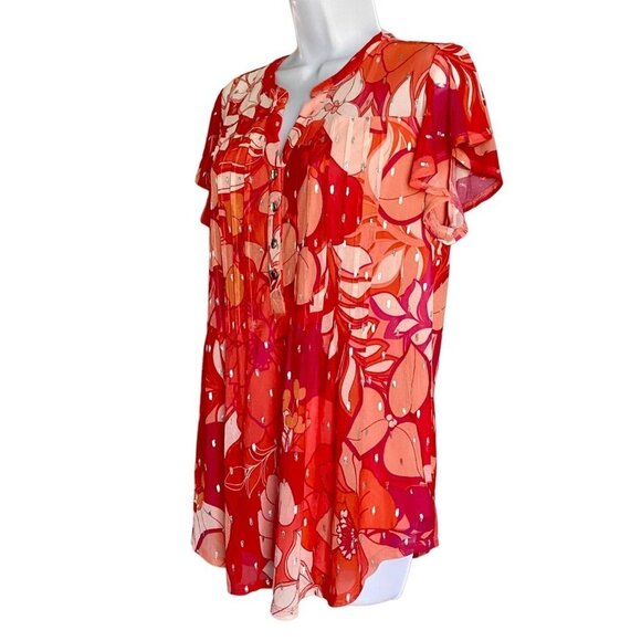 Ava & Grace Short Sleeve Quarter Button Lined Pink Orange Floral Top Women's Med - Picture 3 of 10